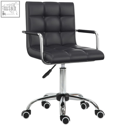 Black tufted leather vinsetto office chair with chrome armrests and under-seat lever for adjustable height and swivel use