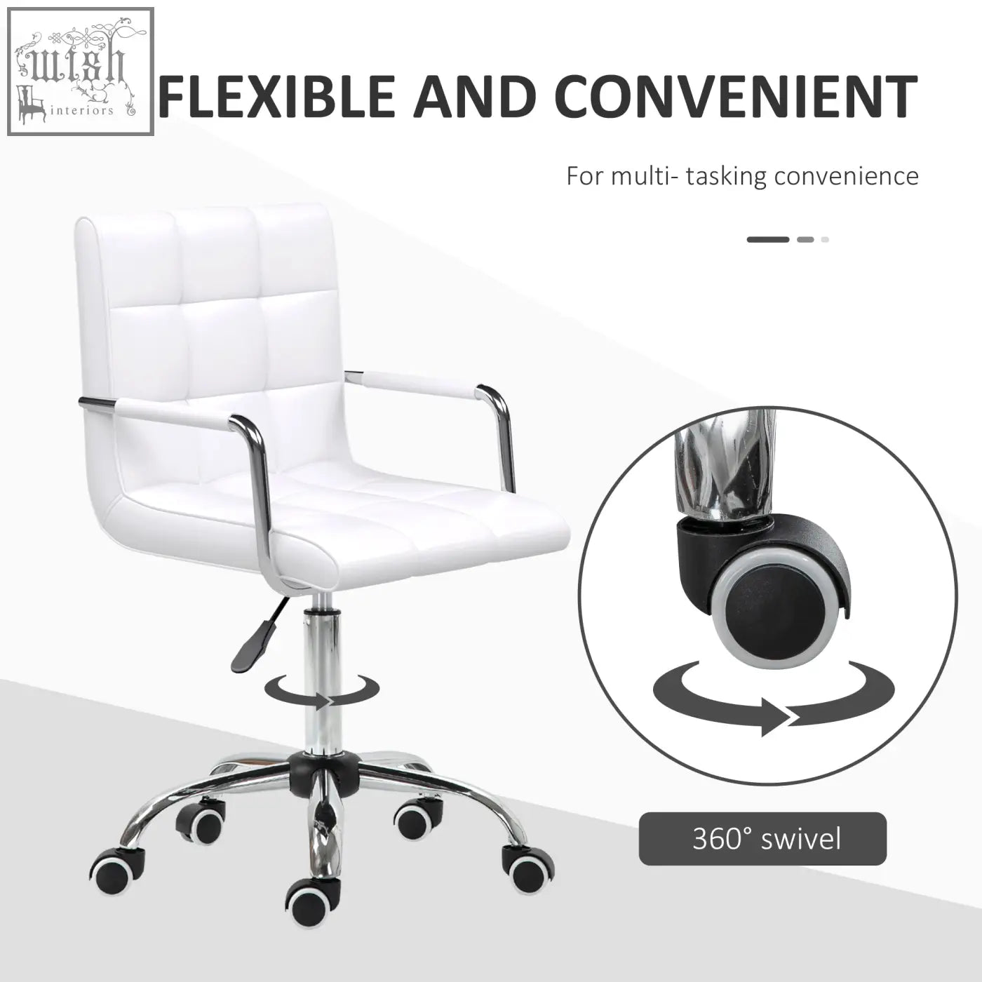 White vinsetto office chair with pu leather, chrome frame, 360-degree swivel casters, adjustable height under-seat lever