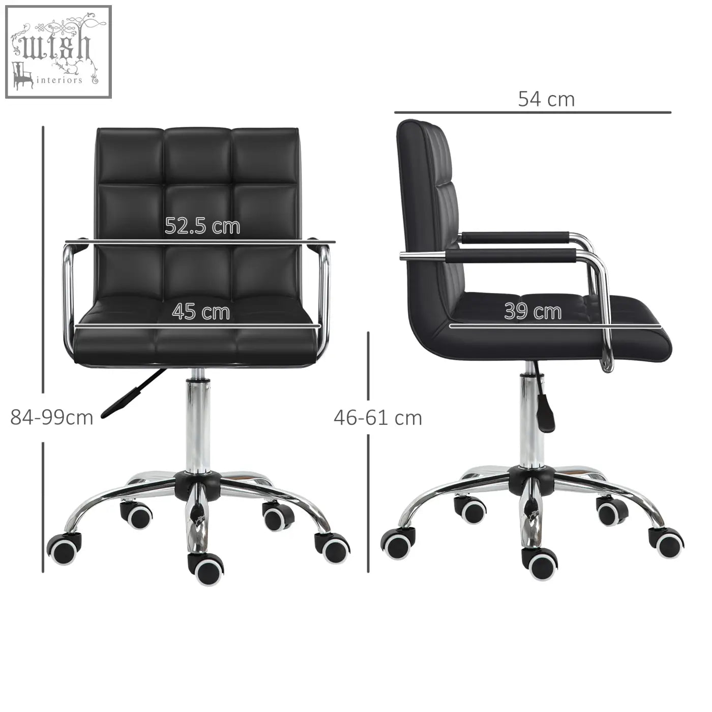 Black vinsetto office chair with chrome frame, faux leather, adjustable height under-seat lever, and rolling wheels