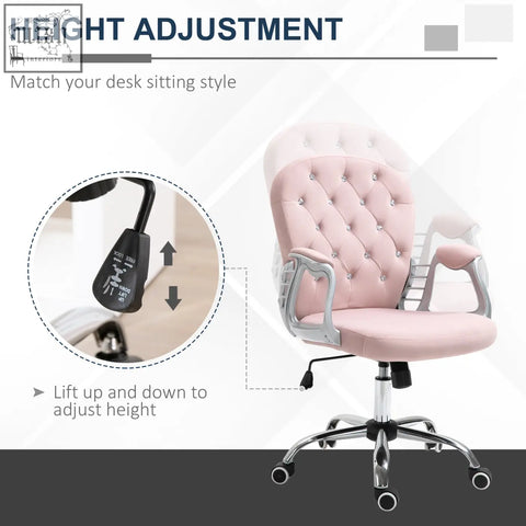 Pink vinsetto office chair with velour upholstery silver frame adjustable height and rolling wheels for home study
