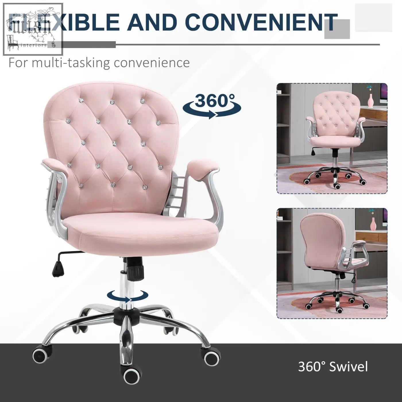 Pink vinsetto office chair with adjustable height velour upholstery and silver frame for home work and study