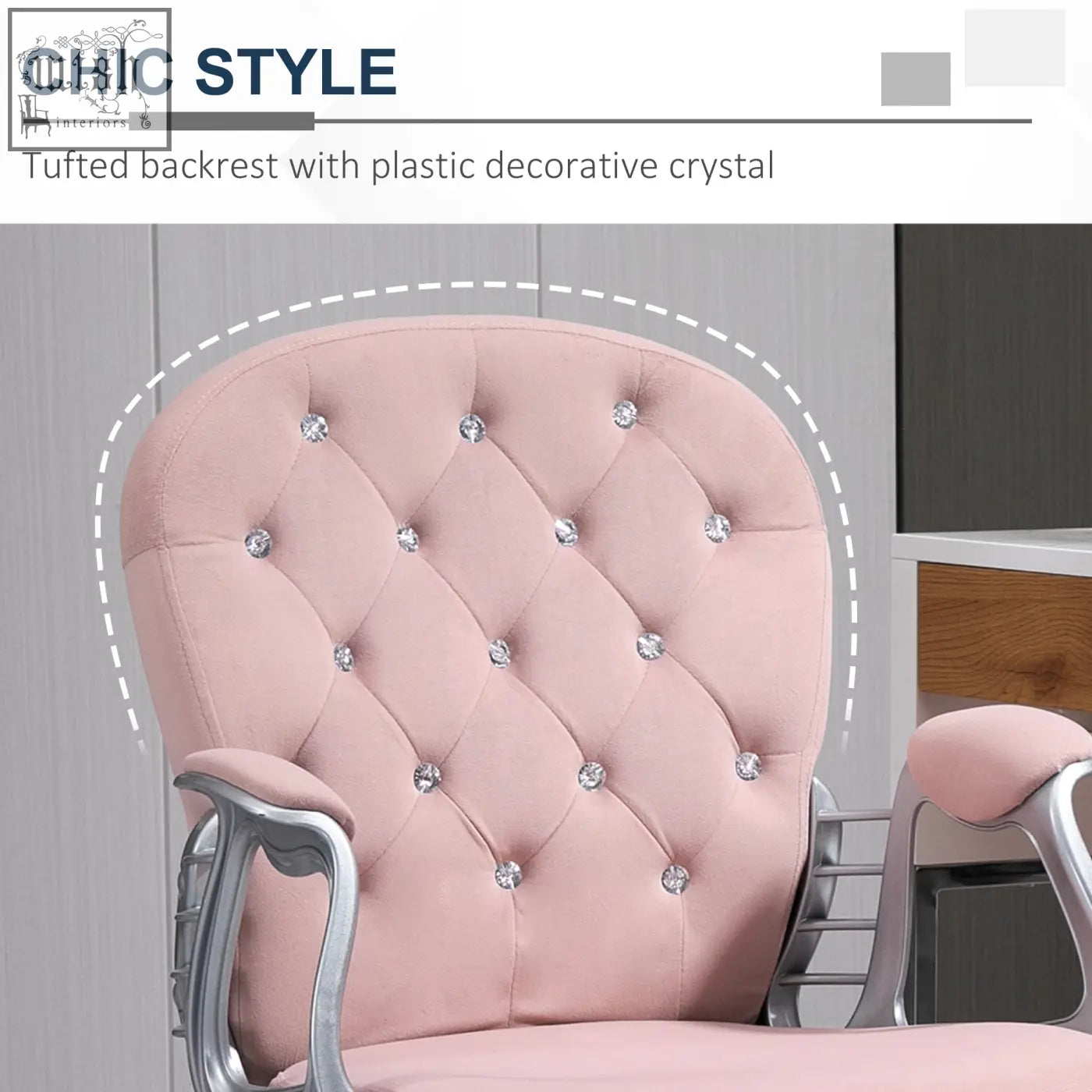 Pink vinsetto office chair with adjustable height, velour upholstery, silver crystal accents, and metallic armrests
