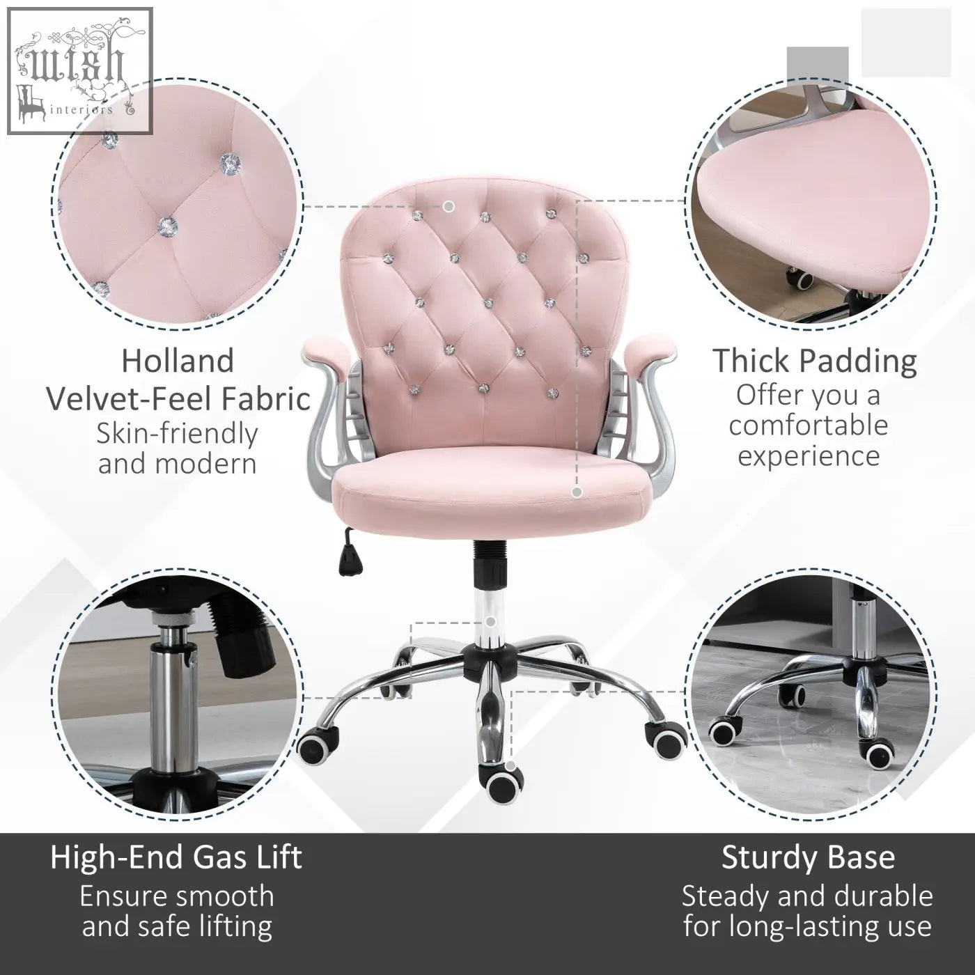 Pink vinsetto office chair with adjustable height velvet seat silver frame and rolling wheels for home work study