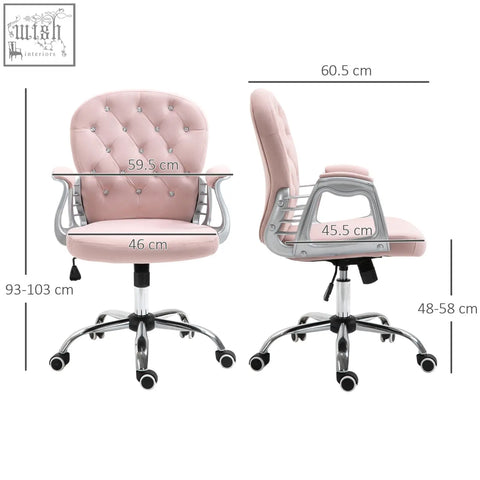 Pink vinsetto office chair with adjustable height, velour upholstery, silver frame, and rolling wheels for home study