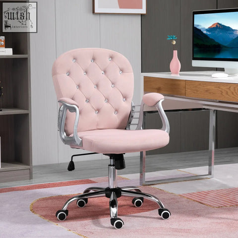 Pink vinsetto office chair with velvet tufted seat, silver metallic arms, rolling wheels, and adjustable height