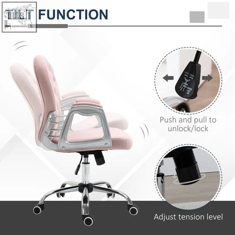 Vinsetto pink velvet office chair with adjustable height and rolling wheels on silver metal frame and five-wheel base