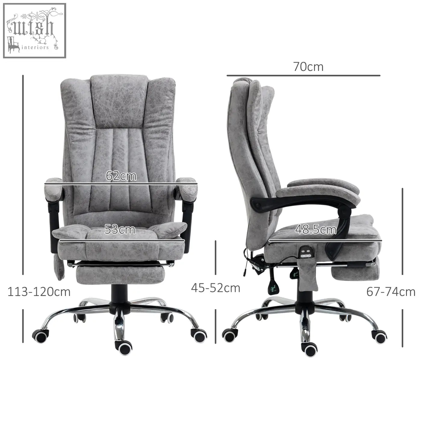Vinsetto grey microfibre office chair with adjustable height six vibration massage footrest and chrome base for home office