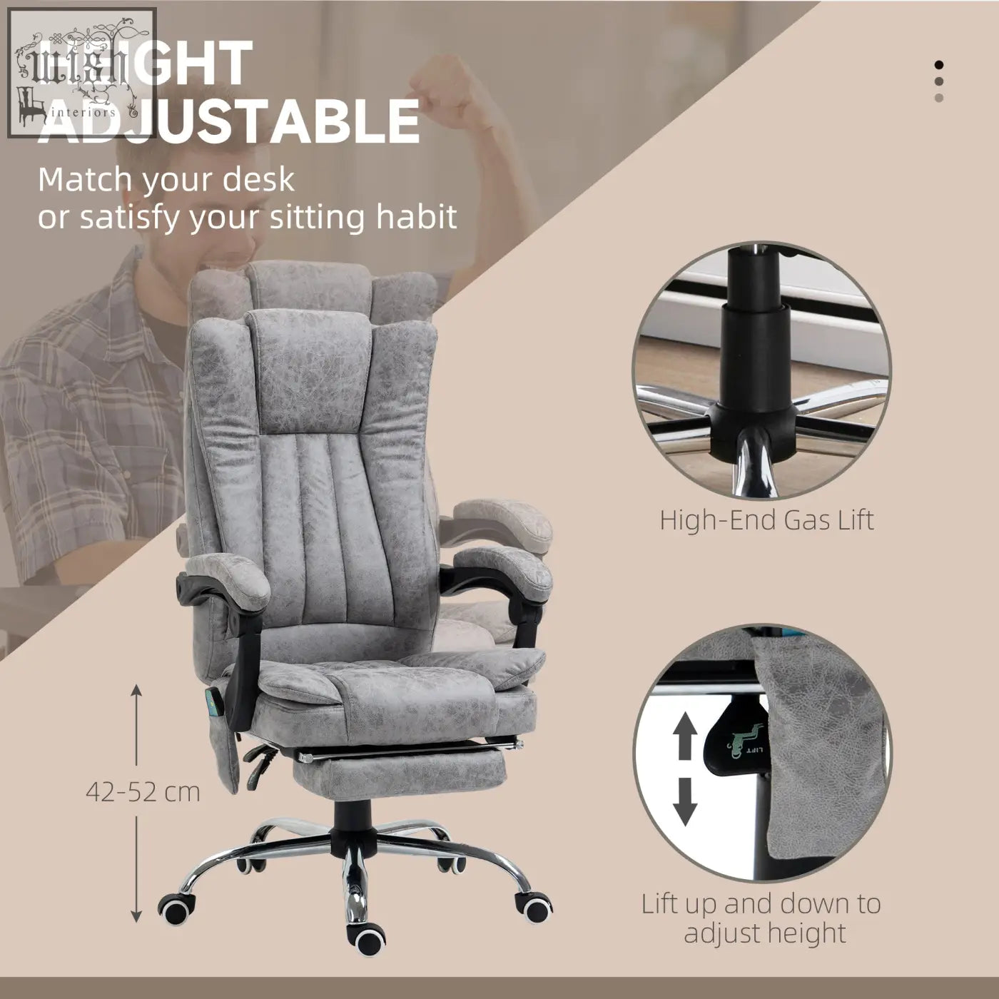 Gray velvet vinsetto office chair with adjustable height gas lift six vibration massage heat footrest swivel wheels