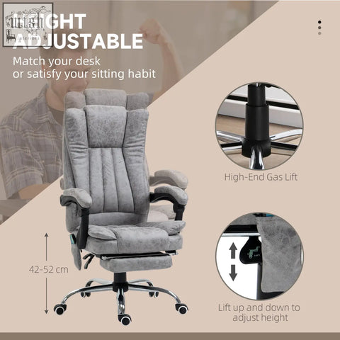 Gray velvet vinsetto office chair with adjustable height gas lift six vibration massage heat footrest swivel wheels
