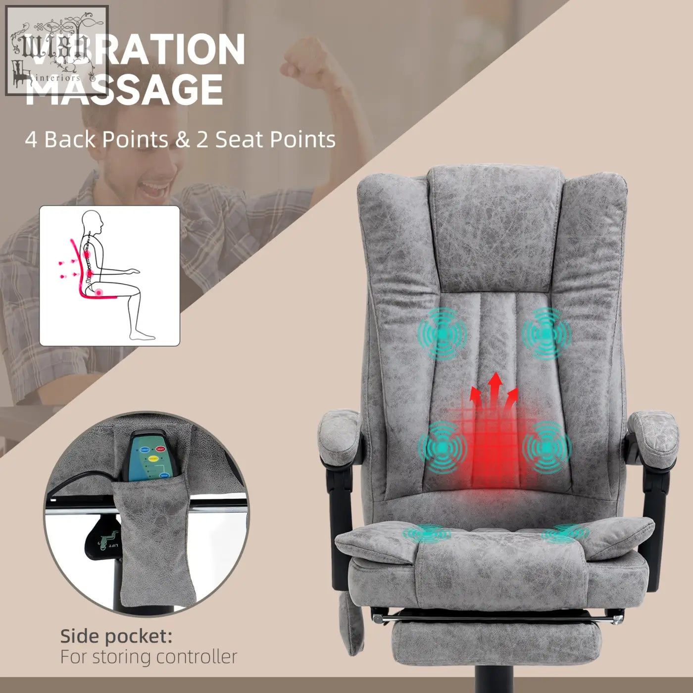 Gray vinsetto office chair with adjustable height six vibration massage points microfiber for home office use