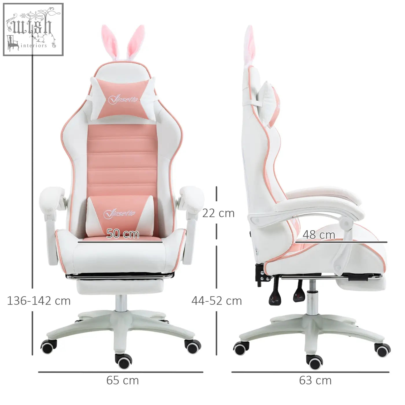 Vinsetto racing gaming chair in pink with faux leather upholstery, bunny ears, manual footrest, headrest, and lumbar support