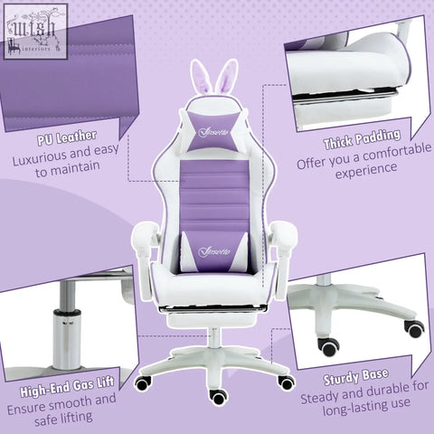Vinsetto racing gaming chair in white and purple faux leather upholstery with bunny ears and manual footrest