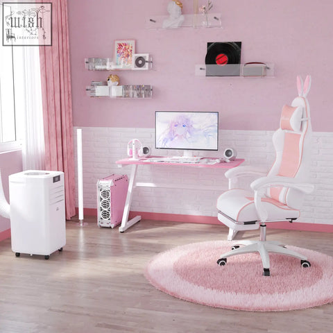 Vinsetto pink and white racing gaming chair with faux leather upholstery, bunny ears, manual footrest, and adjustable lumbar support