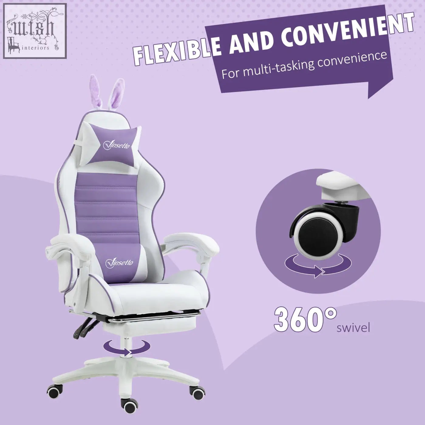 Purple and white vinsetto racing gaming chair with bunny ears faux leather upholstery and manual footrest for comfort
