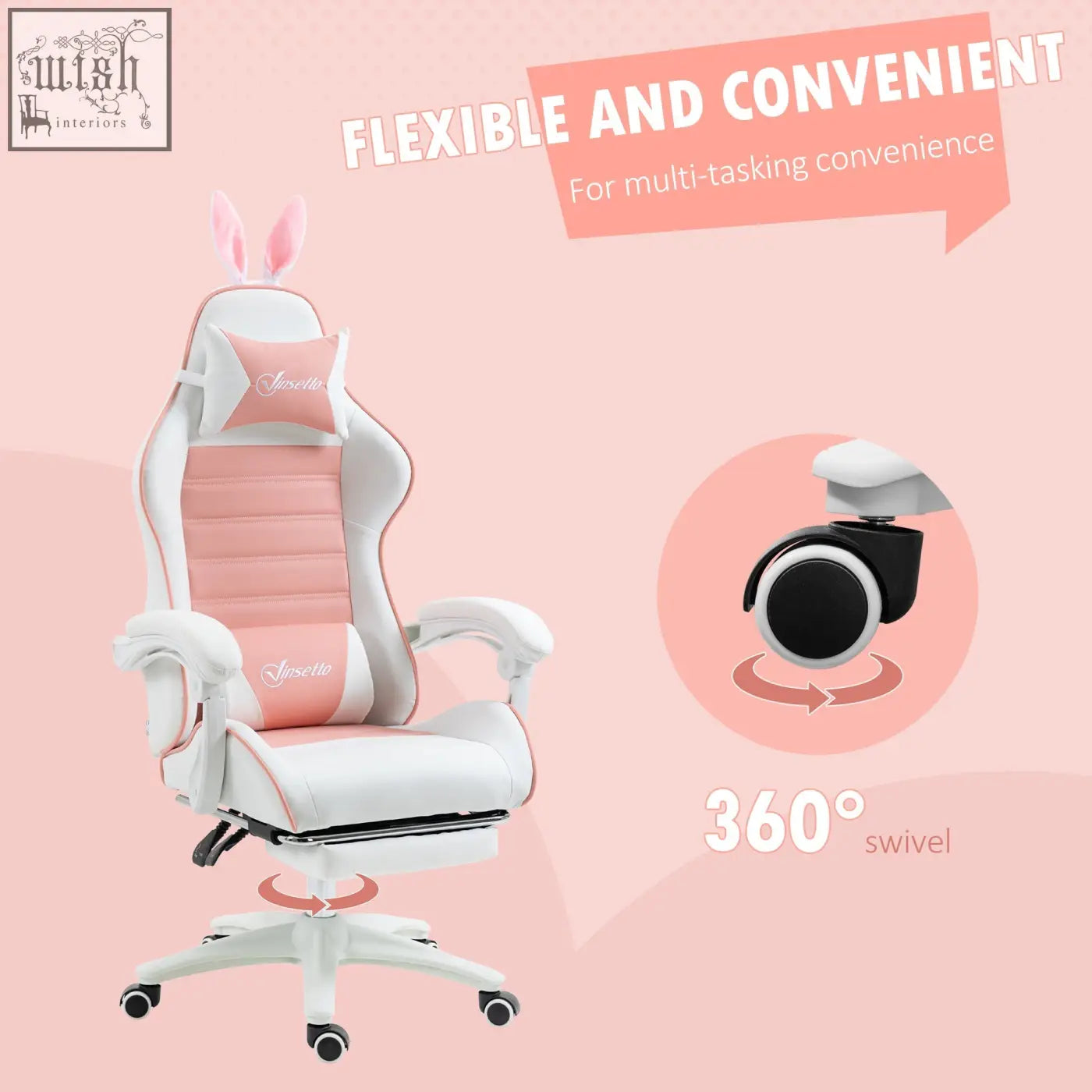 Vinsetto racing pink gaming chair with faux leather upholstery bunny ears manual footrest headrest and lumbar support
