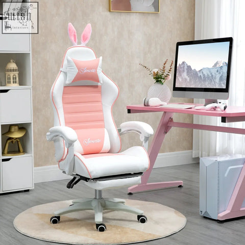 Vinsetto pink and white racing gaming chair with faux leather upholstery bunny ears and manual footrest