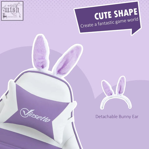 Purple and white vinsetto racing gaming chair with faux leather upholstery, bunny ears, manual footrest, and lumbar support