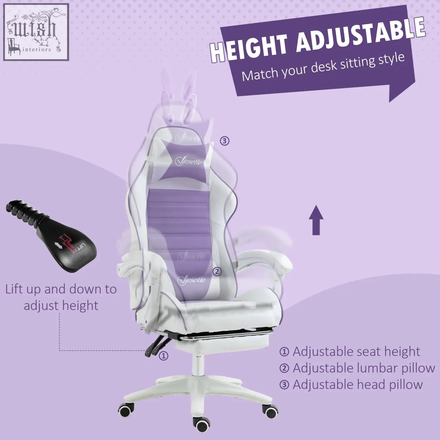 Vinsetto racing gaming chair in white and lavender with faux leather upholstery, manual footrest, lumbar pillow, and bunny ears