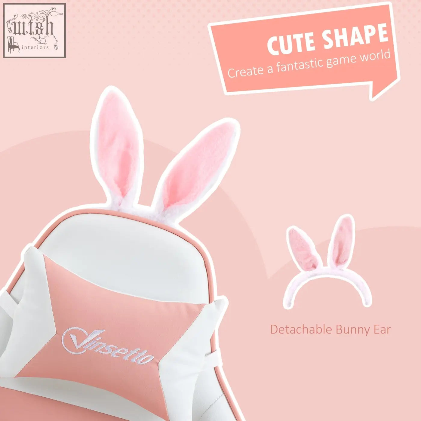 Vinsetto pink and white racing gaming chair with faux leather upholstery, bunny ears, and manual footrest for comfort