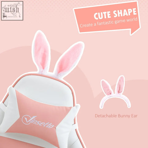 Vinsetto pink and white racing gaming chair with faux leather upholstery, bunny ears, and manual footrest for comfort