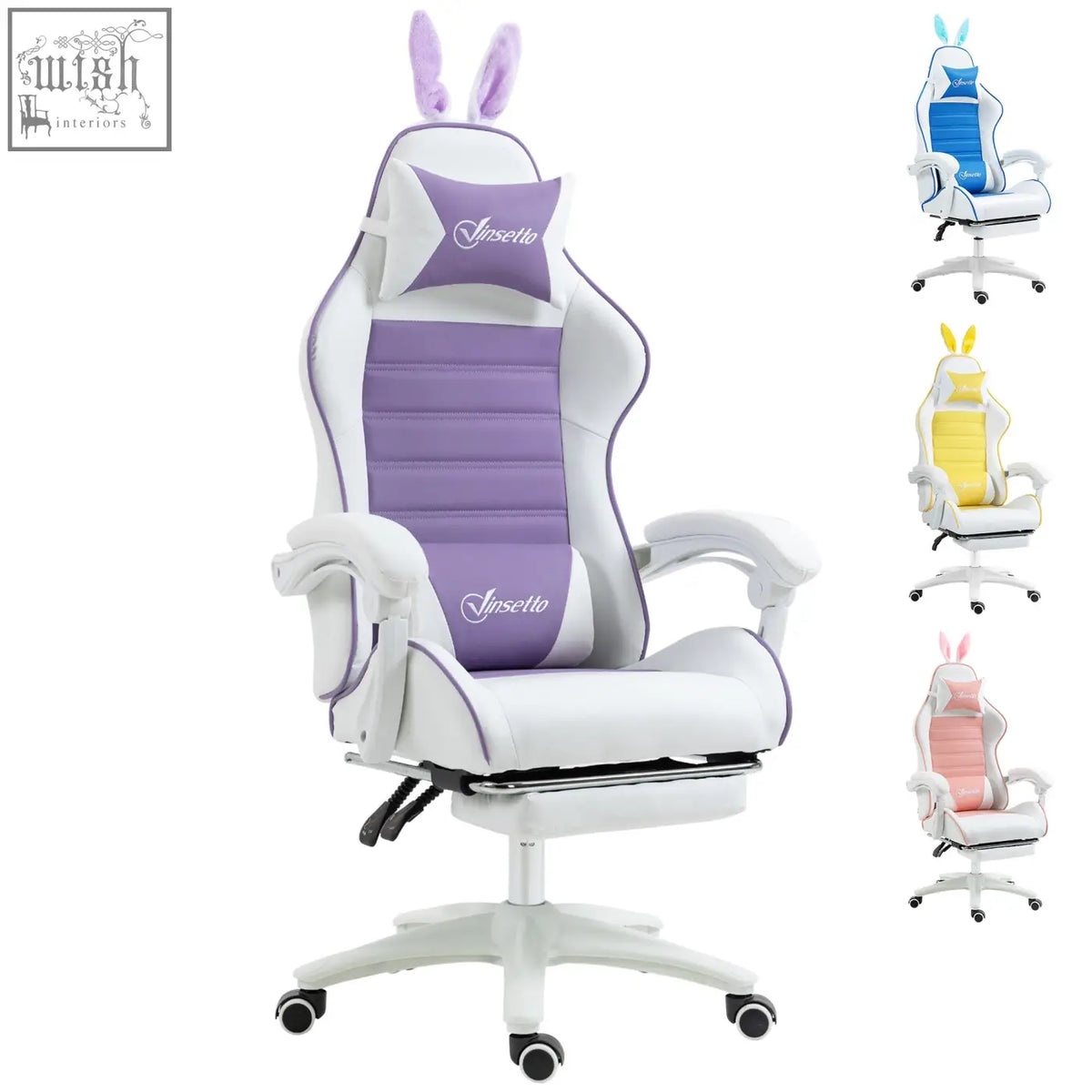 Purple and white vinsetto racing gaming chair with faux leather upholstery bunny ears and manual footrest