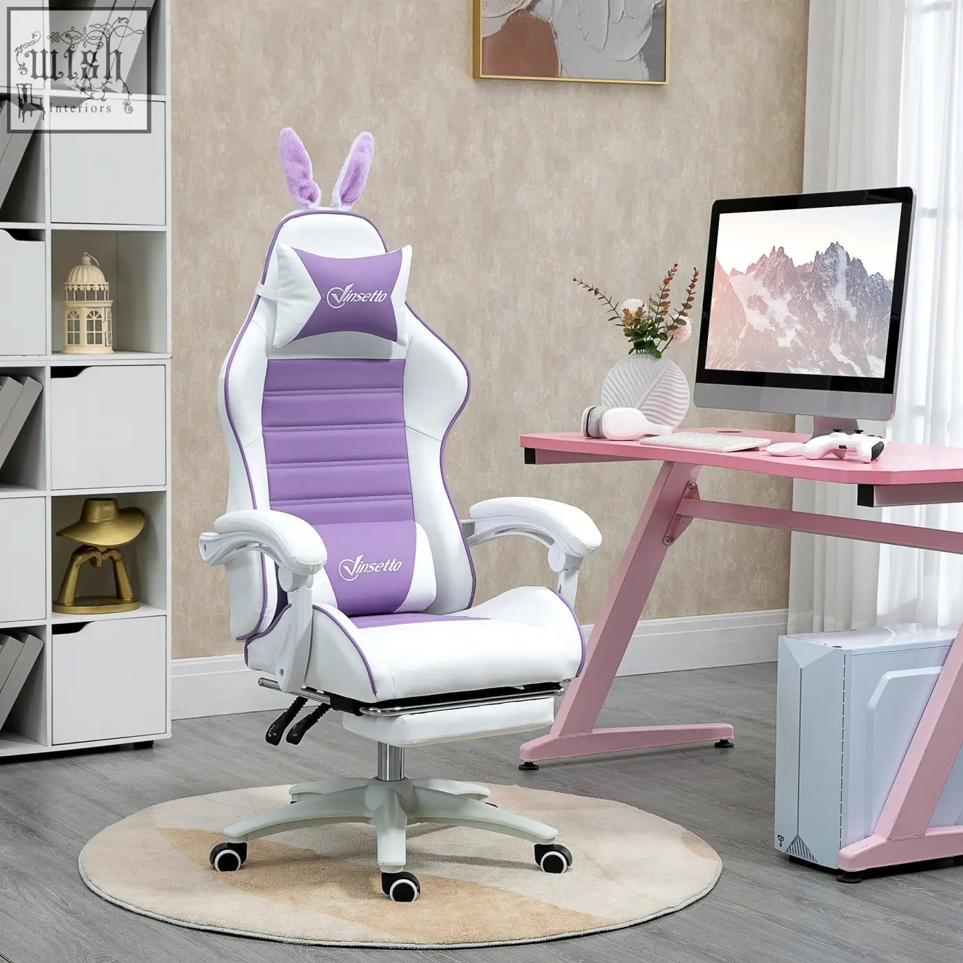 Purple and white vinsetto racing gaming chair with faux leather upholstery, bunny ears, manual footrest, and padded design