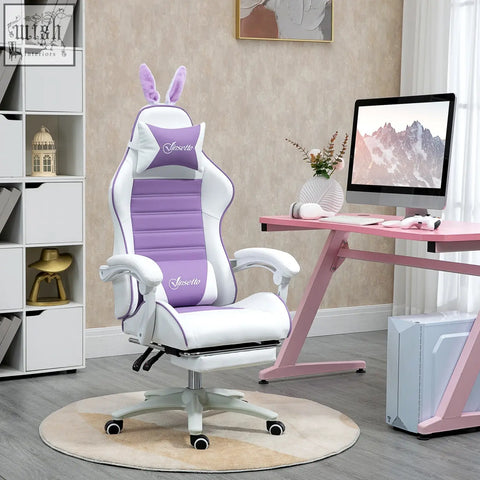 Purple and white vinsetto racing gaming chair with faux leather upholstery, bunny ears, manual footrest, and padded design