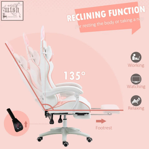 Vinsetto racing pink gaming chair with faux leather upholstery reclining function bunny ears and manual footrest