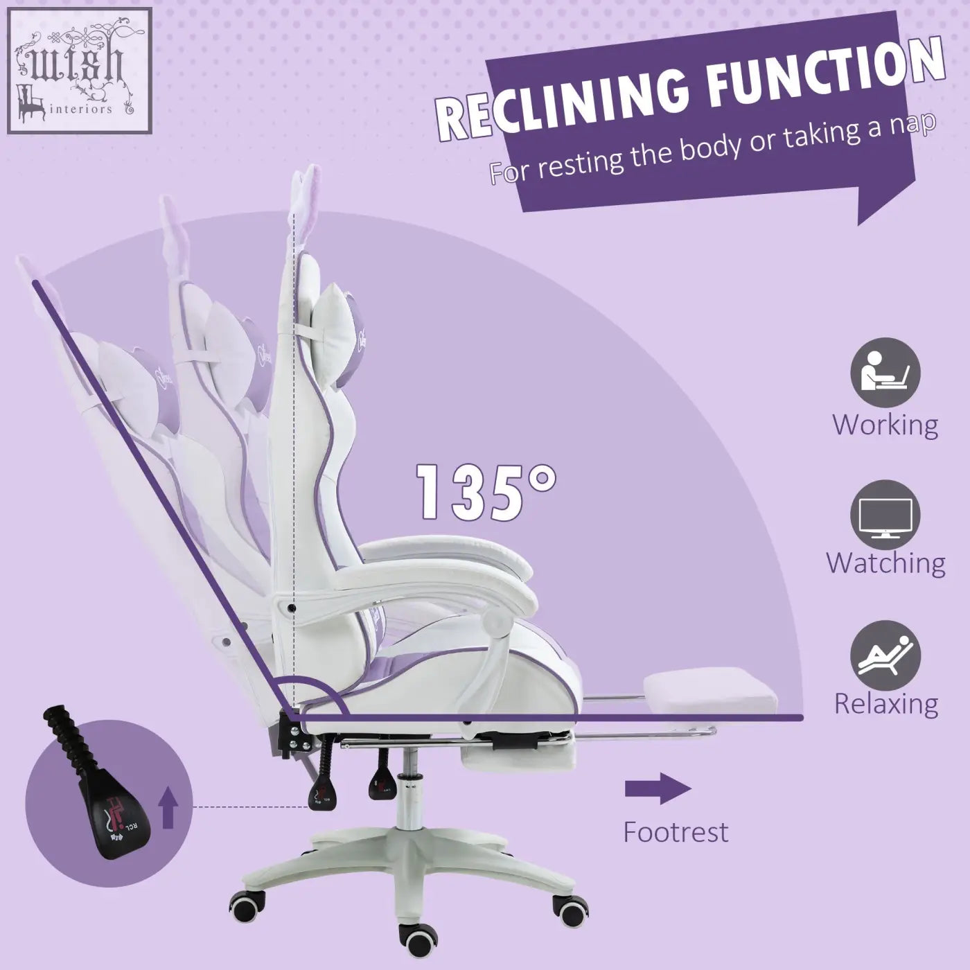 Vinsetto racing gaming chair in white with purple faux leather upholstery, bunny ears, 135 degree recline, and manual footrest