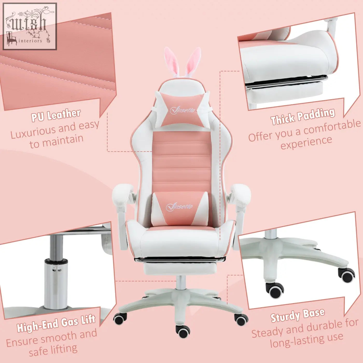 Vinsetto racing gaming chair in pink with bunny ears faux leather upholstery and manual footrest for comfort