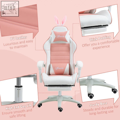 Vinsetto racing gaming chair in pink with bunny ears faux leather upholstery and manual footrest for comfort