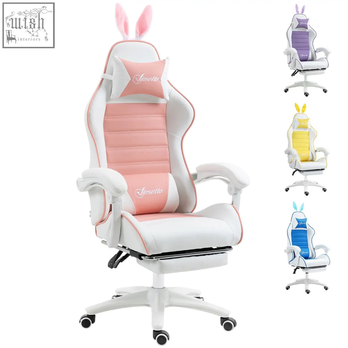 Vinsetto pink and white racing gaming chair with faux leather upholstery bunny ears and manual footrest for comfort