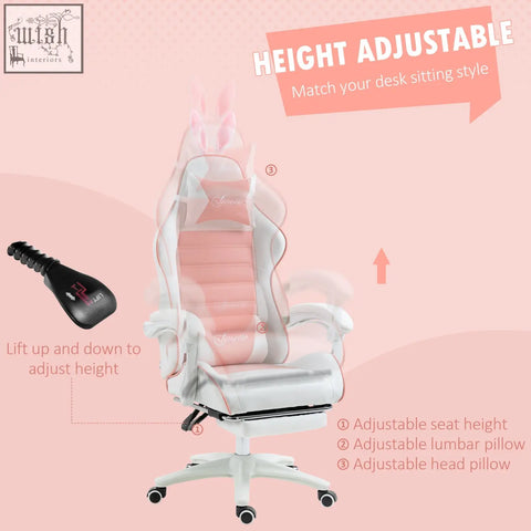 Vinsetto racing gaming chair in white and pink with faux leather upholstery, bunny ears, lumbar support, and manual footrest