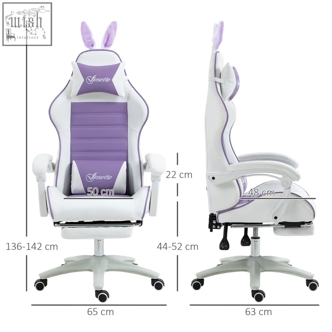 Vinsetto racing gaming chair in white and purple with bunny ears, faux leather upholstery, and manual footrest for comfort