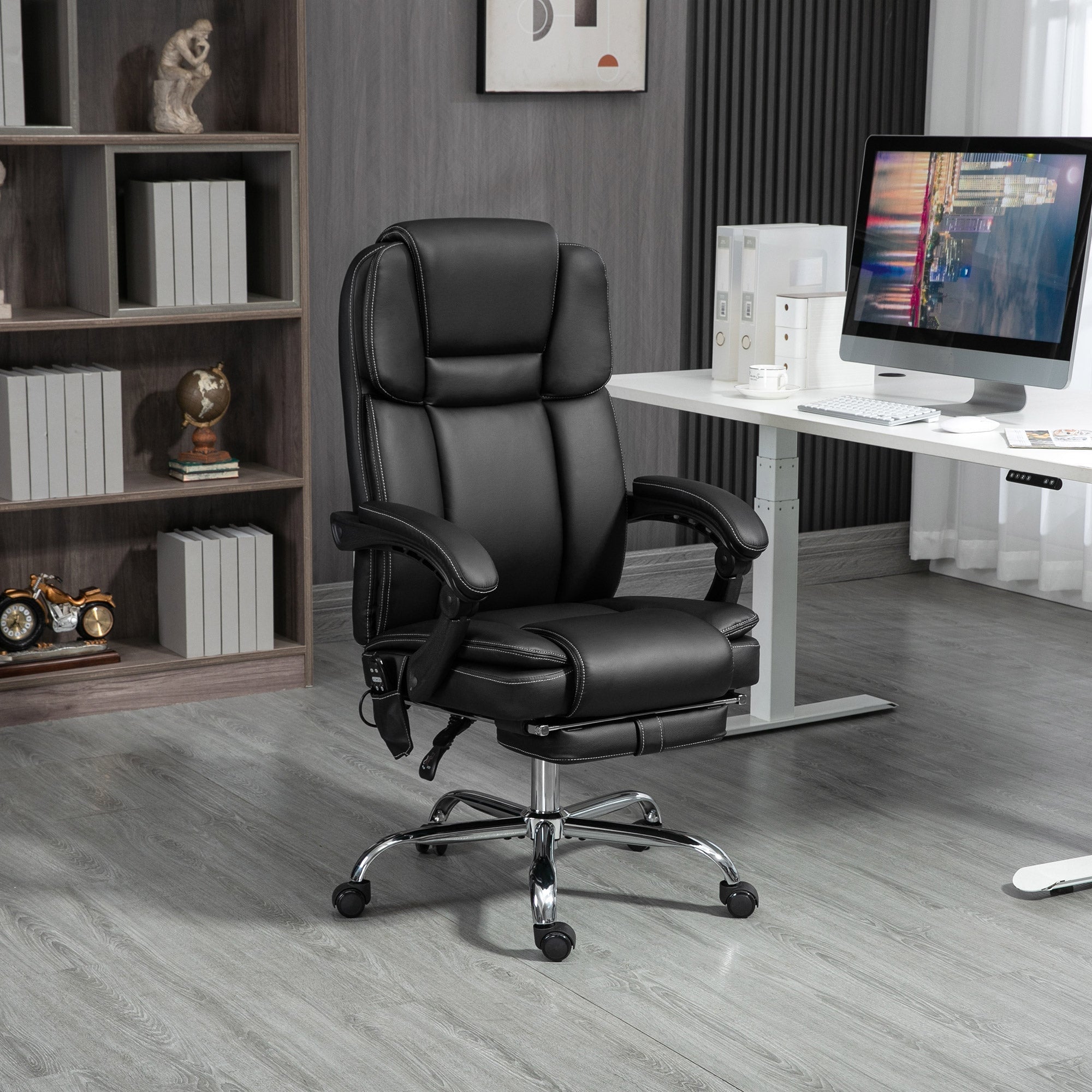 Black leather vinsetto office chair with six massage points three modes adjustable features and footrest