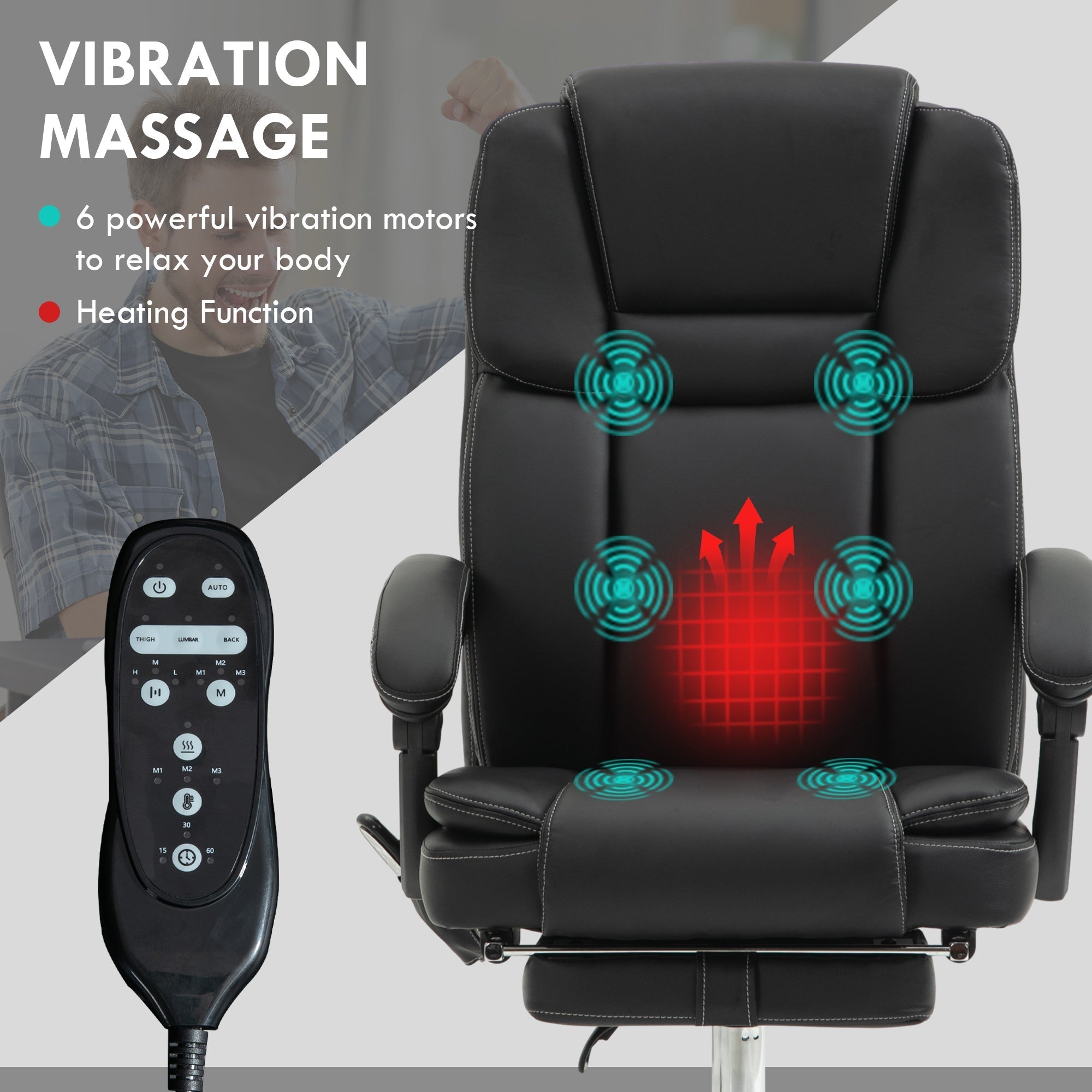 Black leather vinsetto office chair with six massage points, six motors, heating function, and three modes for relaxation