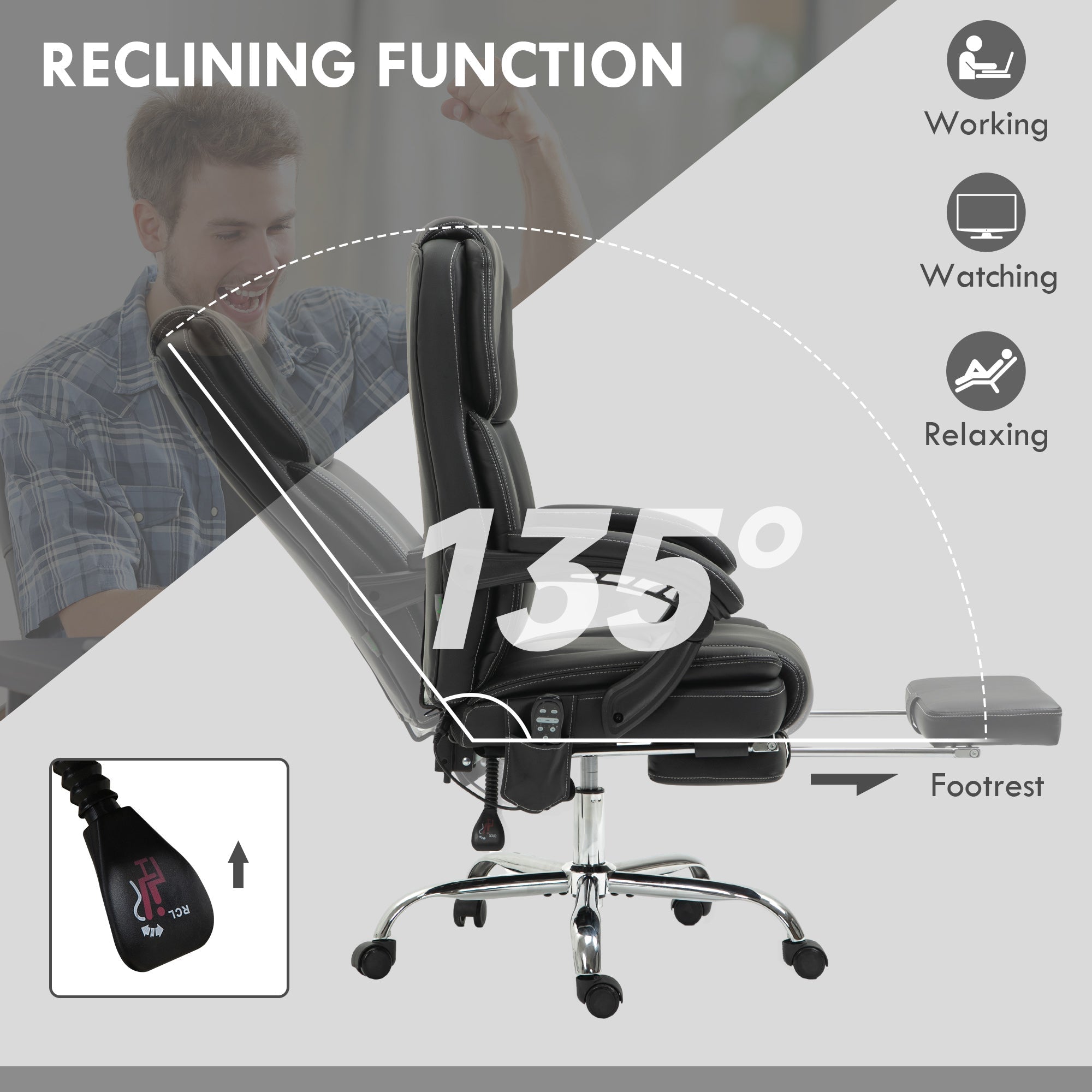Black leather vinsetto office chair with six point vibrating massage, three modes, reclining and footrest, chrome base