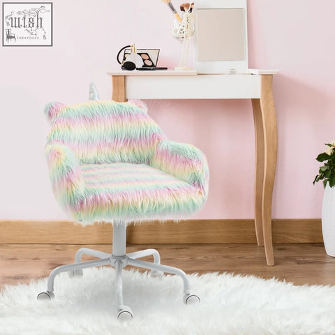 Pastel rainbow faux fur vinsetto unicorn home office chair with swivel wheels and white metal base, height adjustable