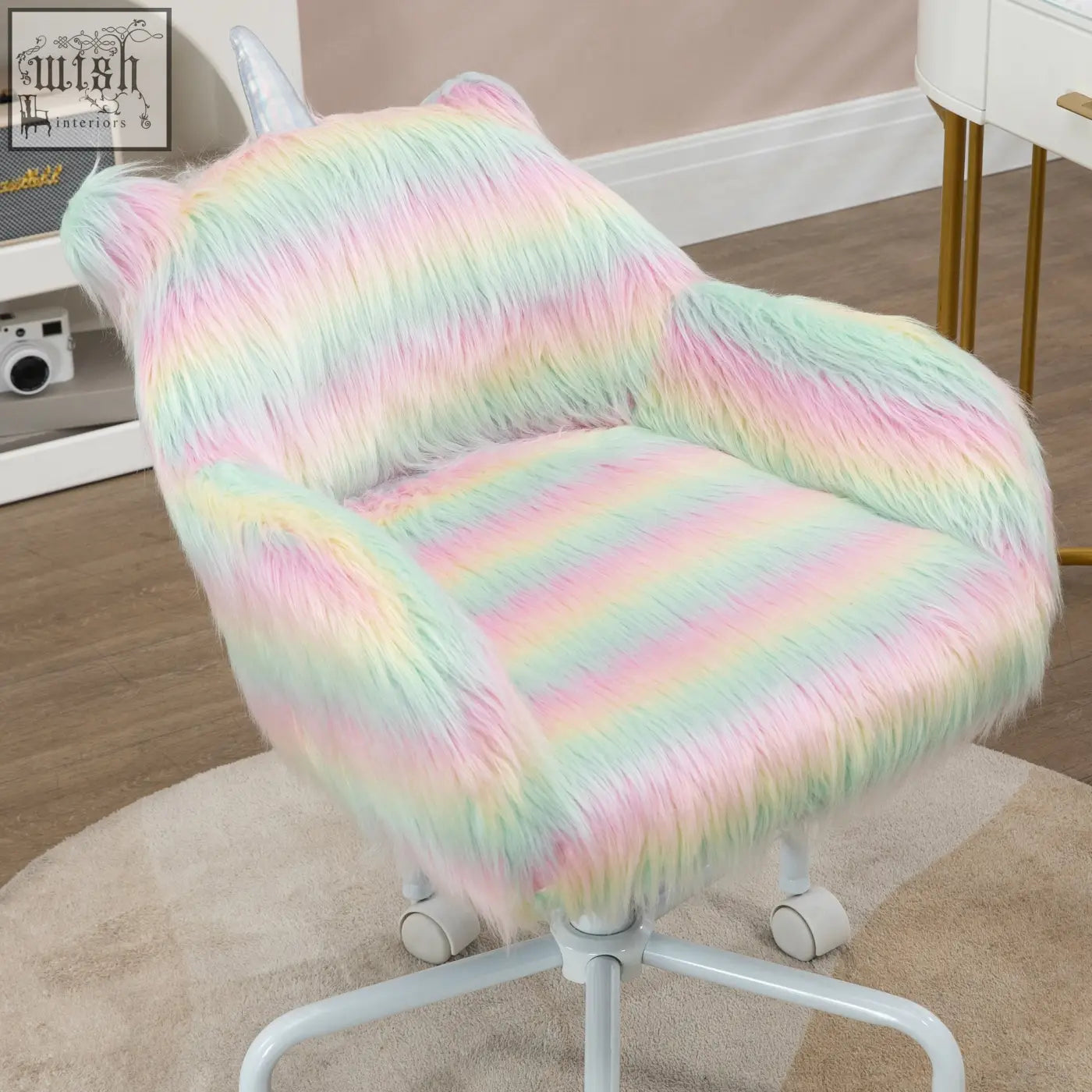 Pastel rainbow-colored vinsetto unicorn home office chair with soft faux fur, white horn, armrests, and swivel wheels