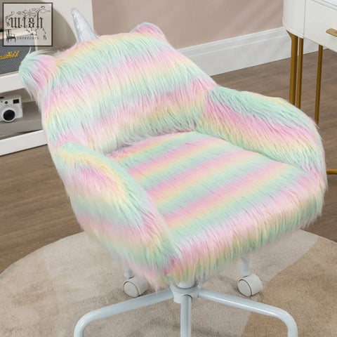Pastel rainbow-colored vinsetto unicorn home office chair with soft faux fur, white horn, armrests, and swivel wheels