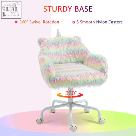 Vinsetto pastel rainbow faux fur home office chair with fluffy texture, swivel wheels, armrests, and white metal base