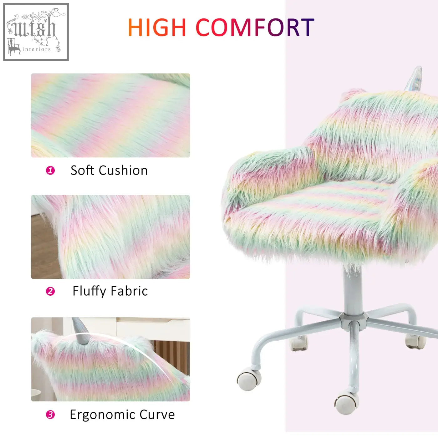Vinsetto unicorn home office chair with fluffy faux fur rainbow colors swivel wheels and white metal base