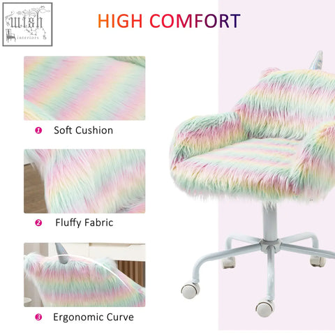 Vinsetto unicorn home office chair with fluffy faux fur rainbow colors swivel wheels and white metal base