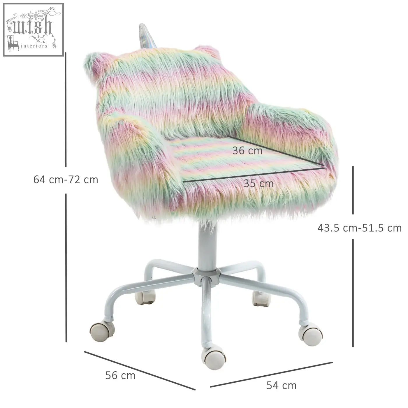 Pastel rainbow faux fur vinsetto unicorn home office chair with silver horn, swivel wheels, and white metal base