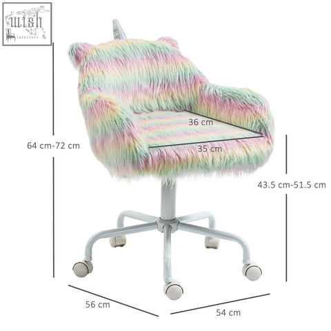 Pastel rainbow faux fur vinsetto unicorn home office chair with silver horn, swivel wheels, and white metal base