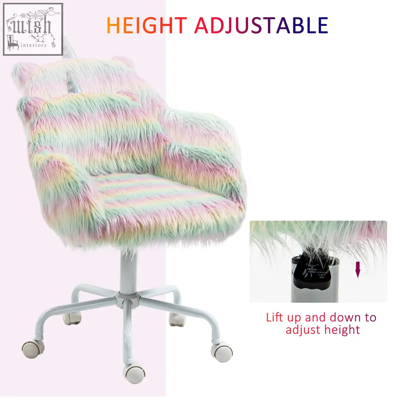 Vinsetto unicorn home office chair with fluffy rainbow faux fur upholstery, swivel wheels, armrests, and white metal base
