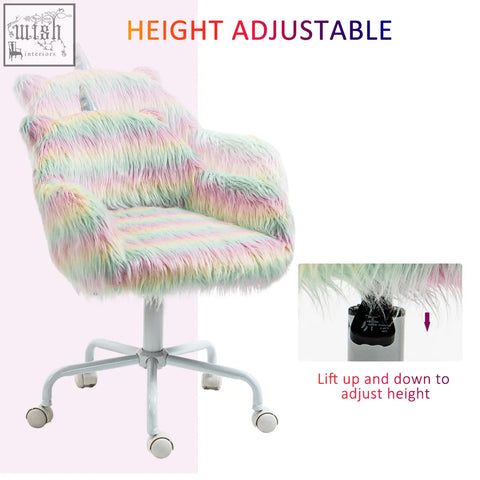 Vinsetto unicorn home office chair with fluffy rainbow faux fur upholstery, swivel wheels, armrests, and white metal base