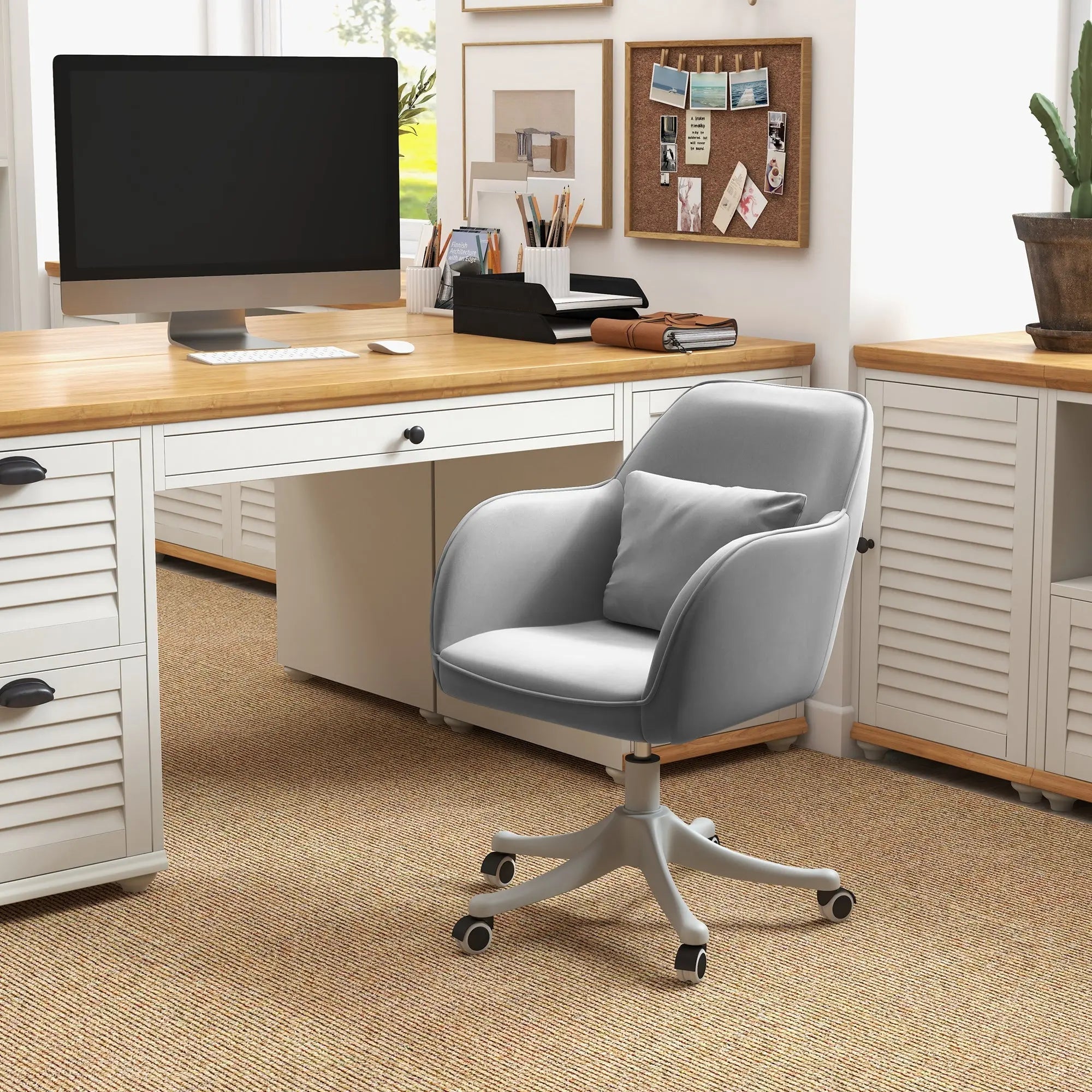 Light gray velvet office chair with matching cushion lumbar support and rolling wheels for desk or vanity use