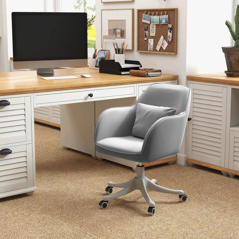 Light gray velvet office chair with matching cushion lumbar support and rolling wheels for desk or vanity use