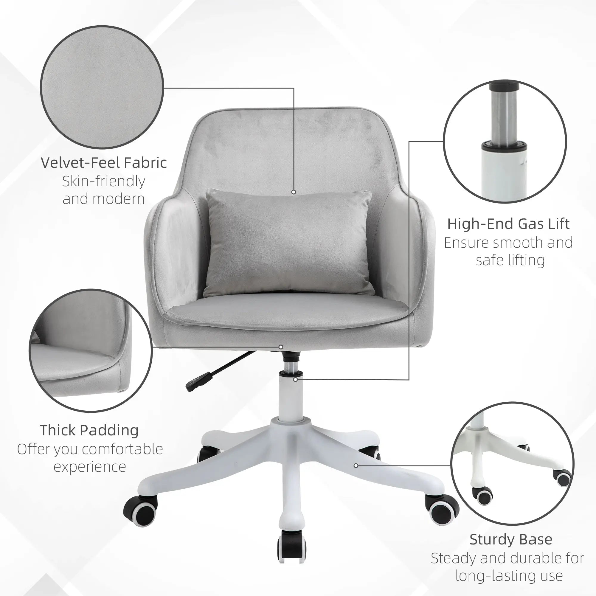 Gray velvet office chair with high-end gas lift and sturdy five-star base for home or bedroom use